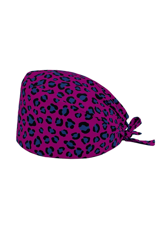 OP-Haube aus Stoff mit Muster – Fuchsia mit blau-schwarzem Leopardenmuster