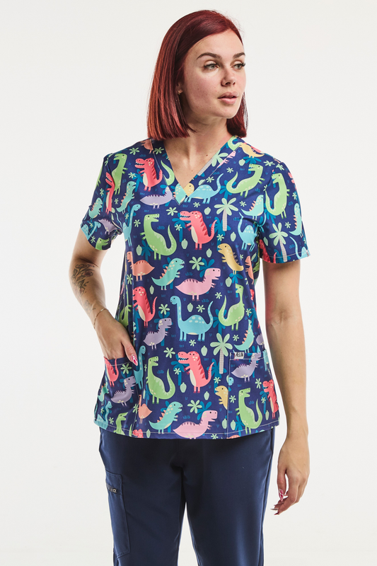 Medizinische Stretch-Tunika – Damen – Dino Pop
