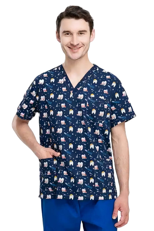 Medizinische Bluse – Marineblau mit Zahn-Motiv