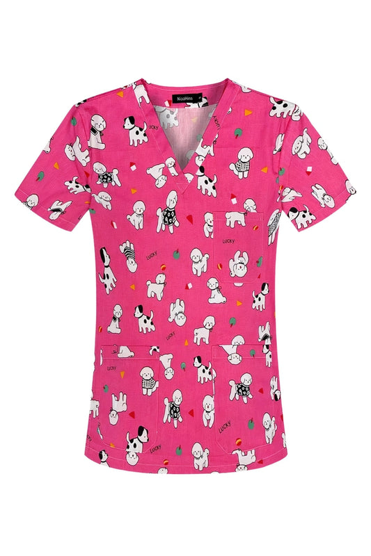 Medizinische Bluse – Rosa mit Welpen-Motiv
