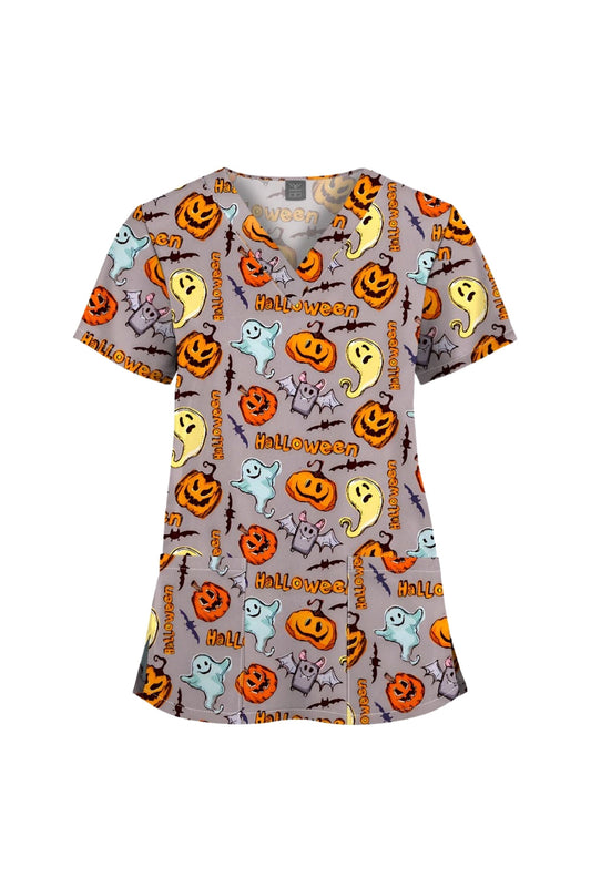 Medizinische Bluse – Grau mit mehreren Kürbis-Halloween-Motiven