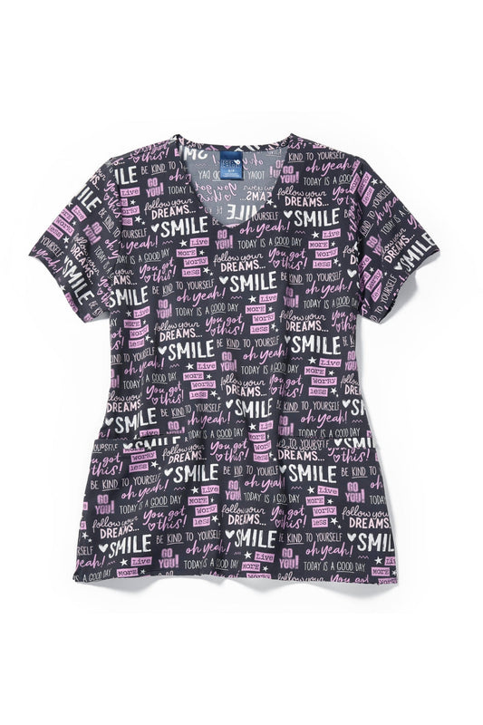 Medizinische Bluse – Schwarz mit motivierenden Sprüchen, halblang