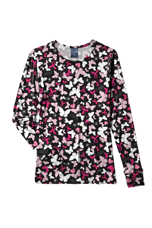 Medizinische Bluse – Schwarz mit rosa-weißen Schmetterlingen