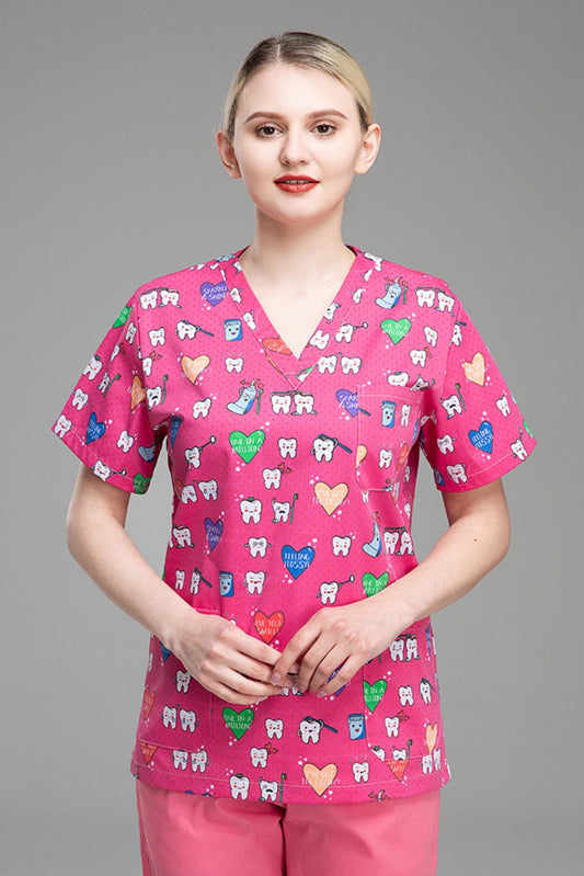 Medizinische Bluse – Rosa mit Zahn-Motiv
