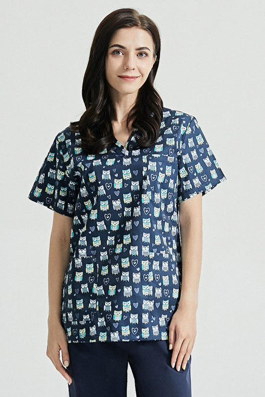 Zahnarzttunika – Marineblau mit Eulen-Motiv