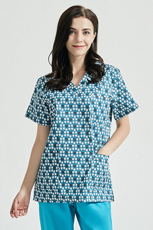 Zahnarzttunika – Blau mit Zahn-Motiven