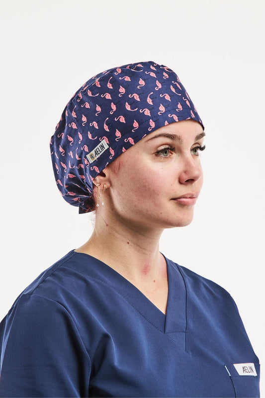 Chirurgenhaube – Marineblau mit Flamingo-Muster – Langhaar