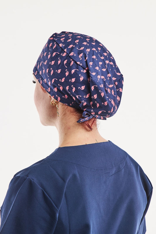 Chirurgenhaube – Marineblau mit Flamingo-Muster – Langhaar