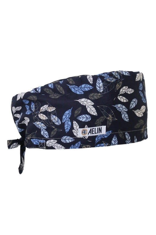 Chirurgenhaube – Dunkelblau mit Blättermuster – Langhaar