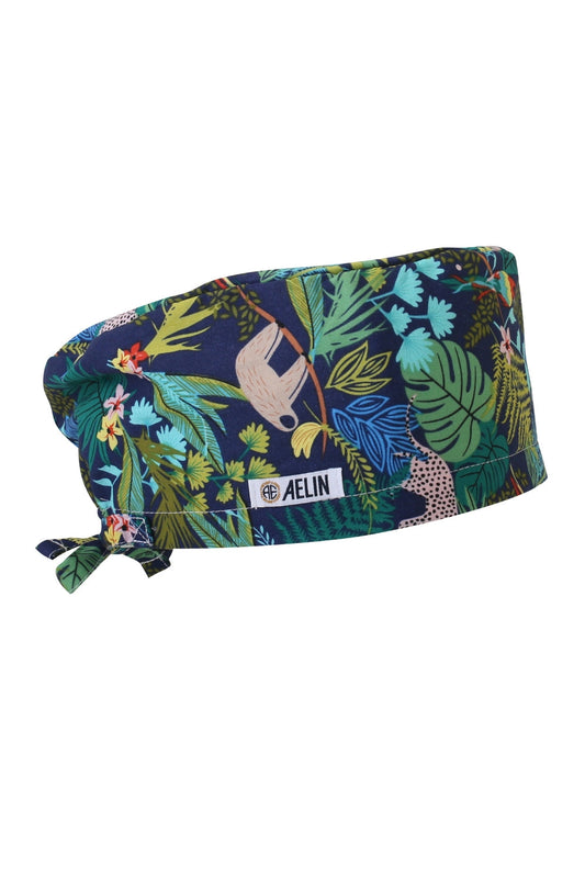 Chirurgenhaube – Marineblau mit Blättermuster – Langhaar