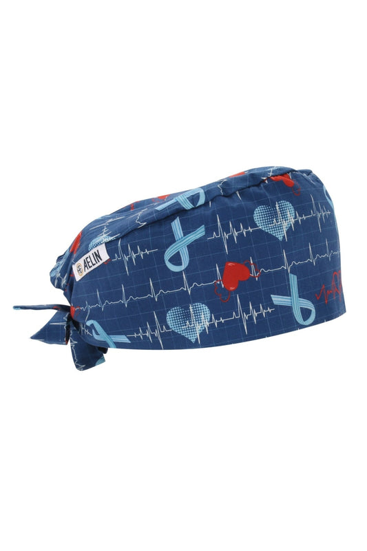 Schwesterhaube – Blau mit EKG-Muster – Kurzhaar