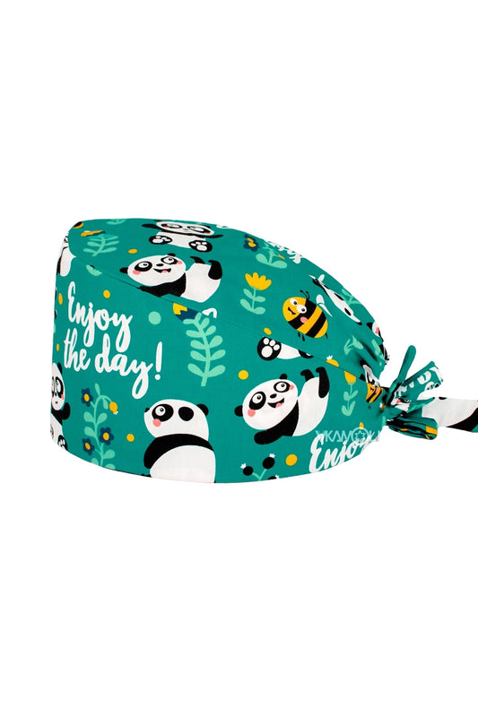 OP-Haube Stoff mit Mustern – Grün mit Panda-Motiven