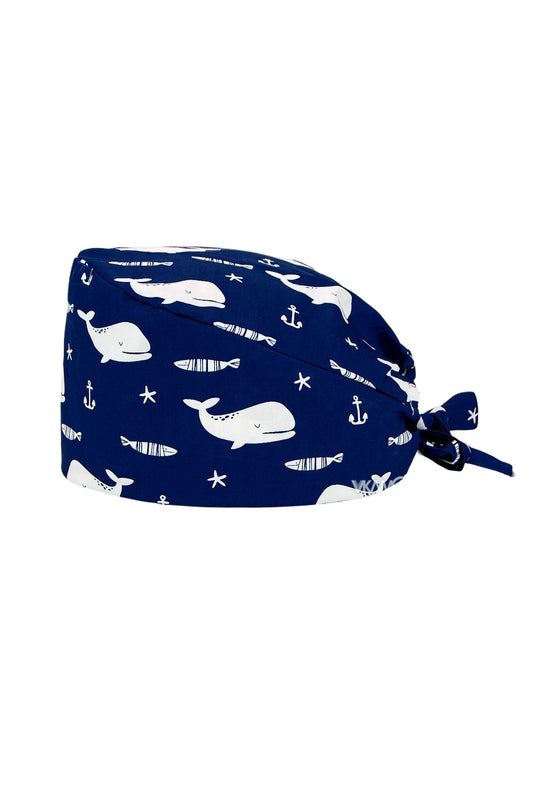 OP-Haube Stoff mit Mustern – Marineblau mit Wal-Motiven