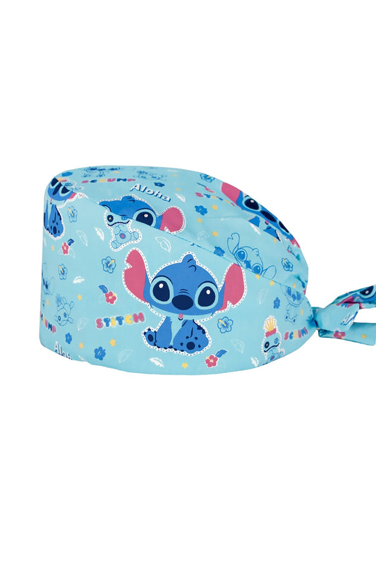 OP-Haube aus Stoff mit Muster – Himmelblau mit Stitch- und tropischen Blumenmotiven