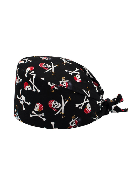 OP-Haube aus Stoff mit Muster – Schwarz mit Totenkopf-Piratenmotiv