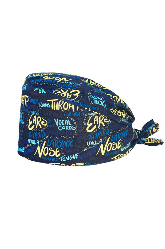 OP-Haube aus Stoff mit Muster – Dunkelblau mit HNO-Motiv (Nase, Hals, Ohren)