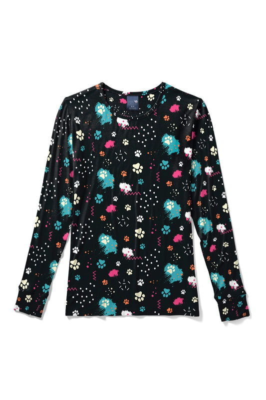 Medizinische-Bluse-–-Schwarz-mit-bunten-Pfotenmustern