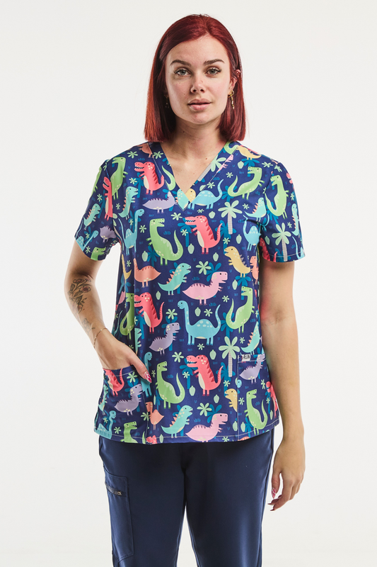 Medizinische Stretch-Tunika – Damen – Dino Pop