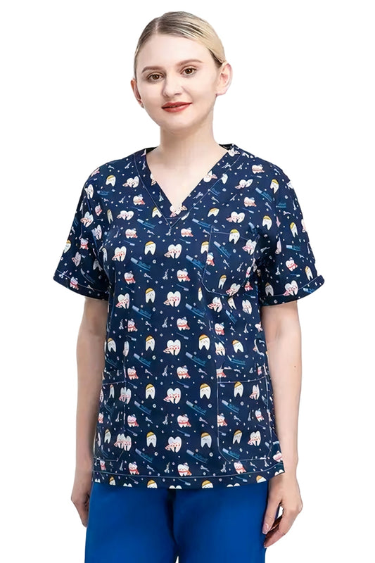 Medizinische Bluse – Marineblau mit Zahn-Motiv
