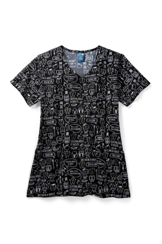 Medizinische Bluse – Schwarz mit Zahn-Motiven