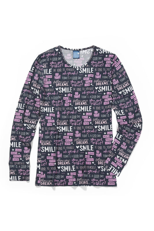 Medizinische Bluse – Schwarz mit motivierenden Sprüchen