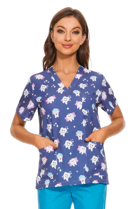 Medizinische Bluse – Indigo-Blau mit Zahn-Motiv