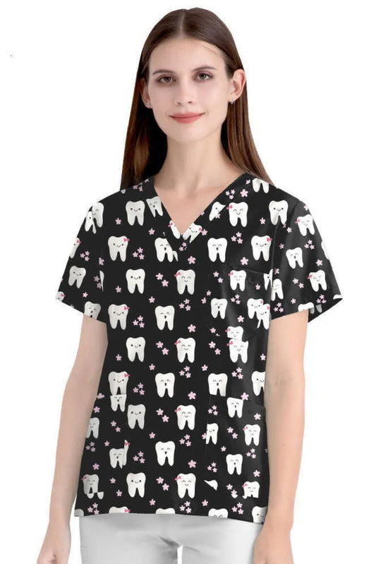 Medizinische Bluse – Schwarz mit Zahn-Motiv