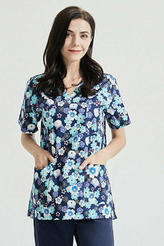 Unisex-Medizintunika – Marineblau mit Blumenmuster