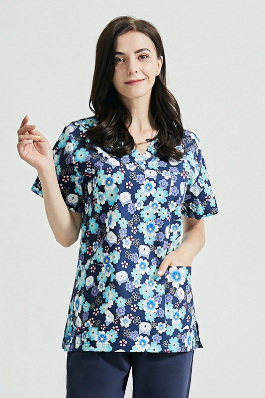 Unisex-Medizintunika – Marineblau mit Blumenmuster