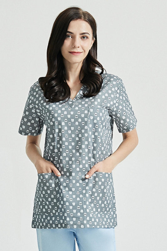 Zahnarztkittel – Grau mit Zahn-Motiv