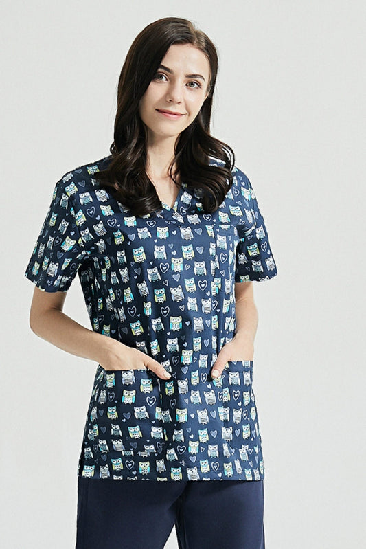 Zahnarzttunika – Marineblau mit Eulen-Motiv
