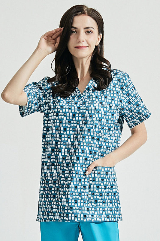 Zahnarzttunika – Blau mit Zahn-Motiven