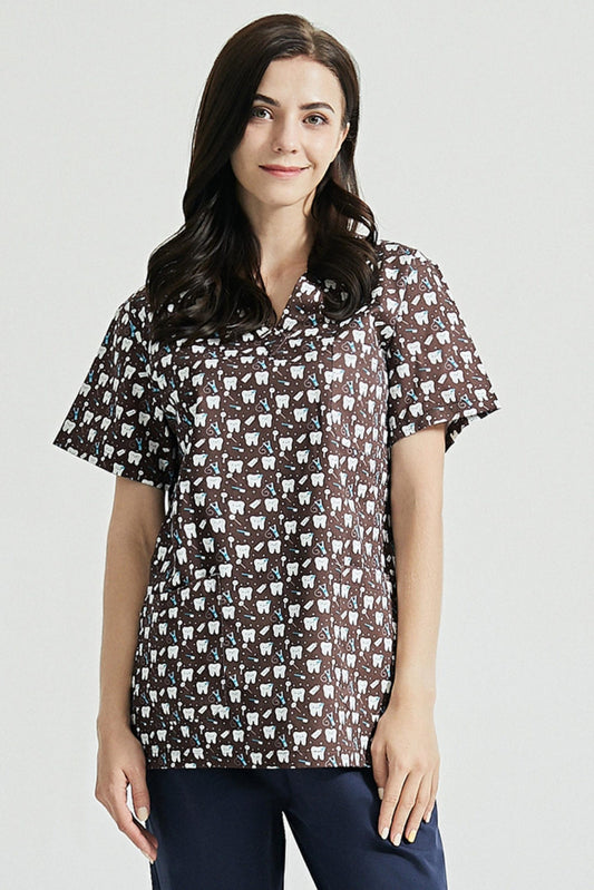 Zahnarzttunika – Braun mit Zahn-Motiven