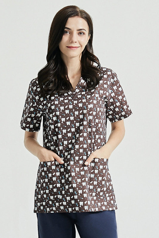 Zahnarzttunika – Braun mit Zahn-Motiven