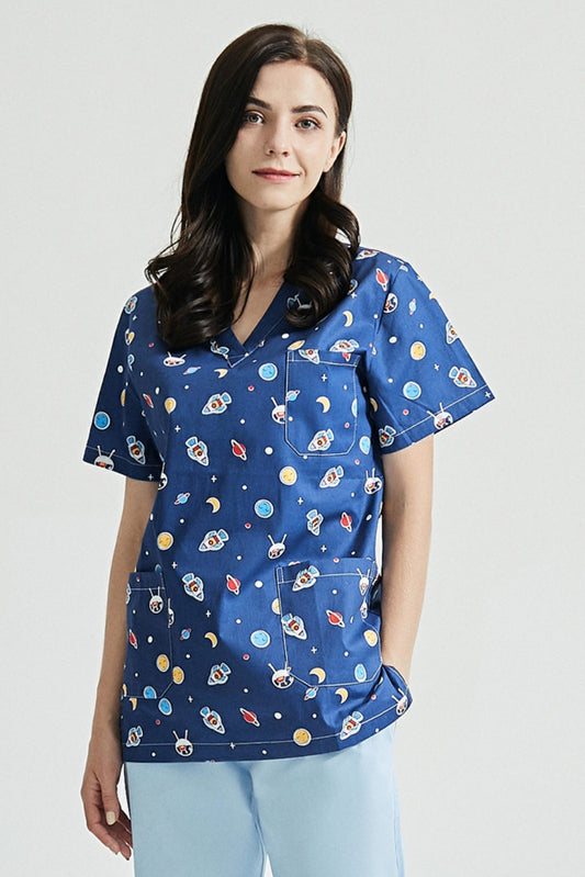 Zahnarzttunika – Marineblau mit Weltraum-Motiv