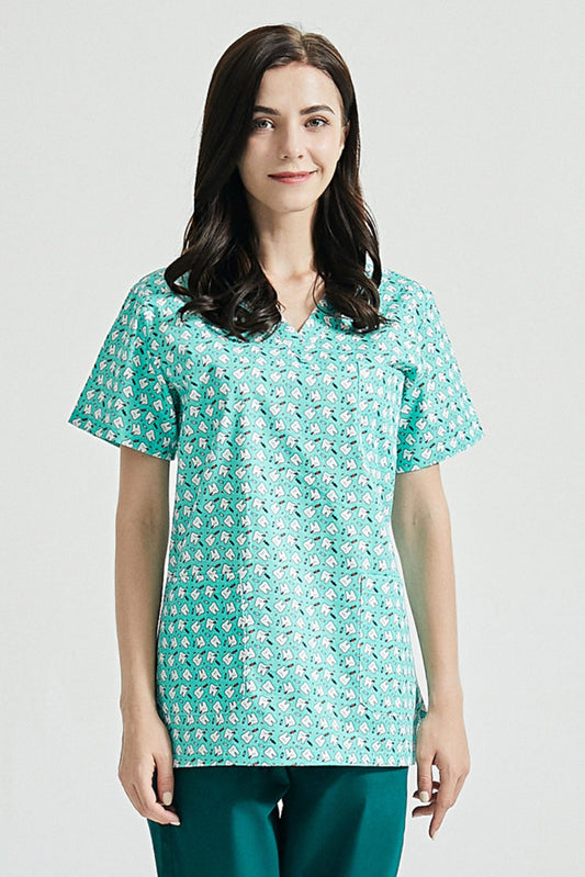 Zahnarzttunika – Türkisgrün mit Zahn-Motiven