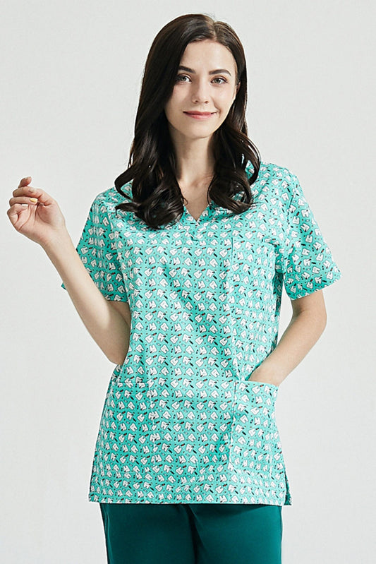 Zahnarzttunika – Türkisgrün mit Zahn-Motiven