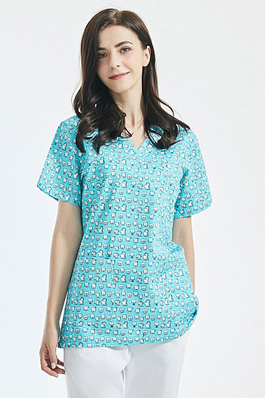 Zahnarzttunika – Hellblau mit Zahn-Motiven