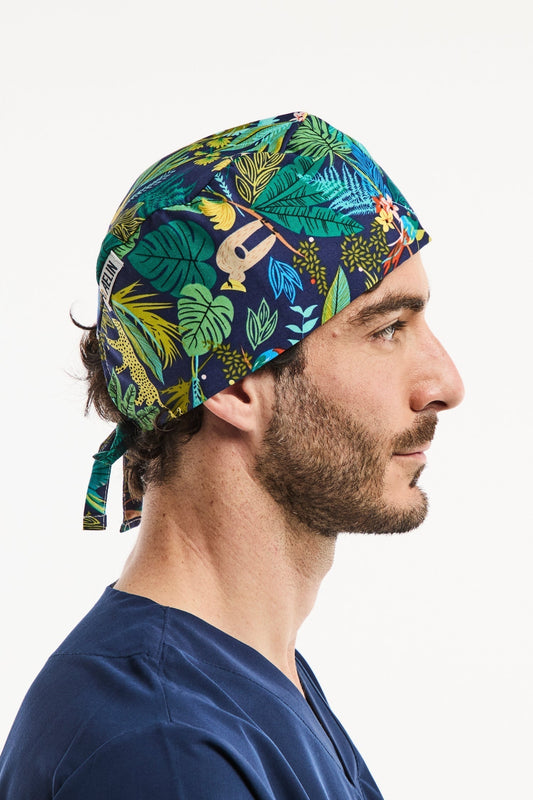 Chirurgenhaube – Marineblau mit Blättermuster – Kurzhaar