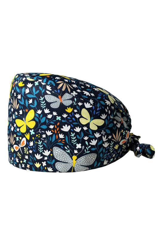 Calot médical Bleu Marine imprimé papillons avec bandeau absorbant, s’adapte parfaitement