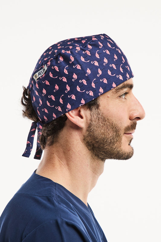 Chirurgenhaube – Marineblau mit Flamingo-Muster – Kurzhaar