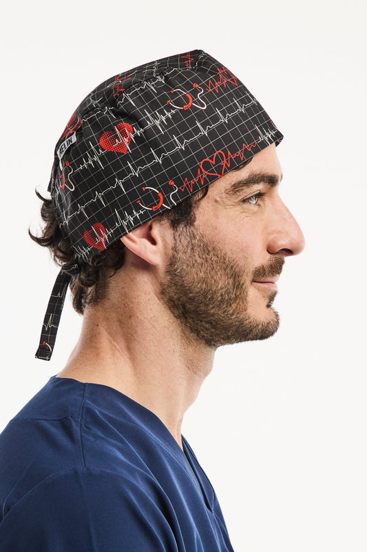 Medizinische Haube – Marineblau mit Stethoskop-Motiv – Kurzhaar