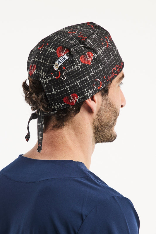 Medizinische Haube – Marineblau mit Stethoskop-Motiv – Kurzhaar