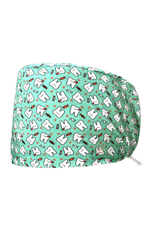 Zahnarzt-Chirurgenhaube – Türkisgrün mit Zahn-Motiv – Für lange Haare