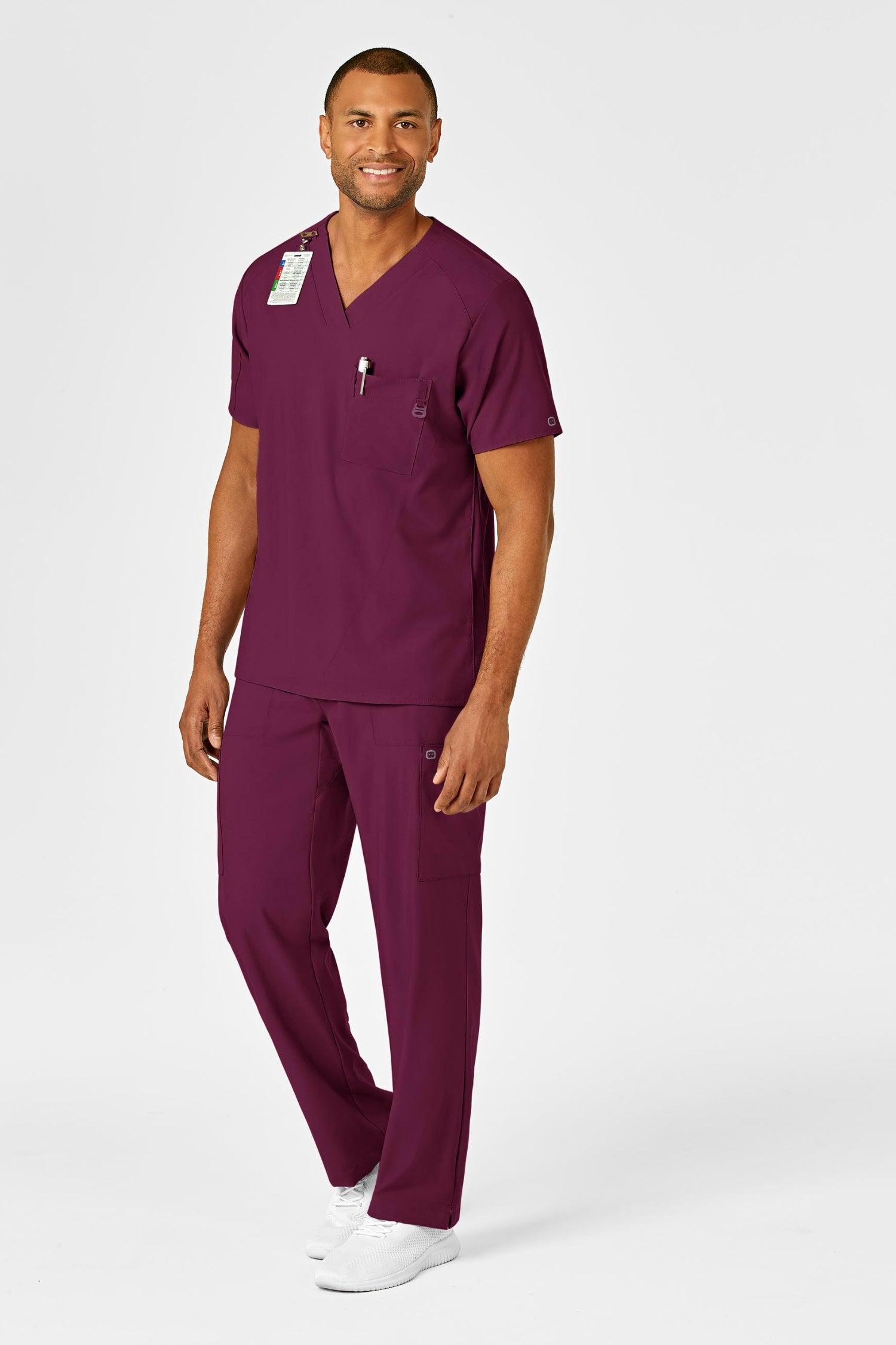 Tenue médicale complète en bordeaux pour homme avec haut à col en V et pantalon assorti