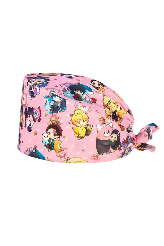 OP-Haube Stoff mit Mustern – Rosa mit Manga-Chibi Motiven
